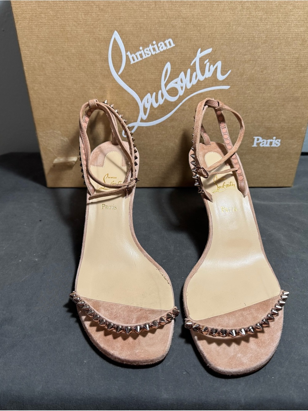 Christian Louboutin Blush Nude Suede Studded Ankle-Strap Heels
